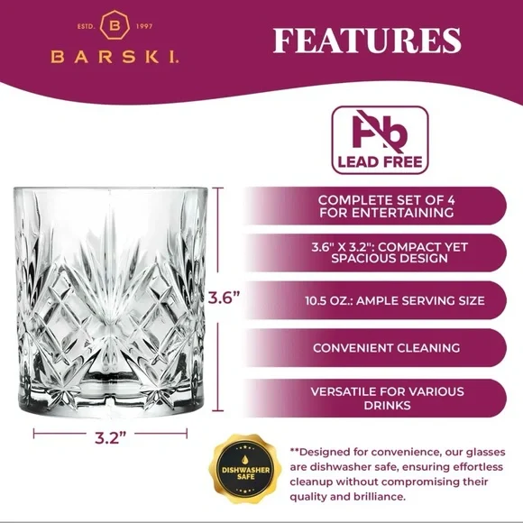 Barski Double Old Fashioned Crystal Whiskey Glasses Set of 6 | 10.5 oz Tumblers - Picture 6 of 6